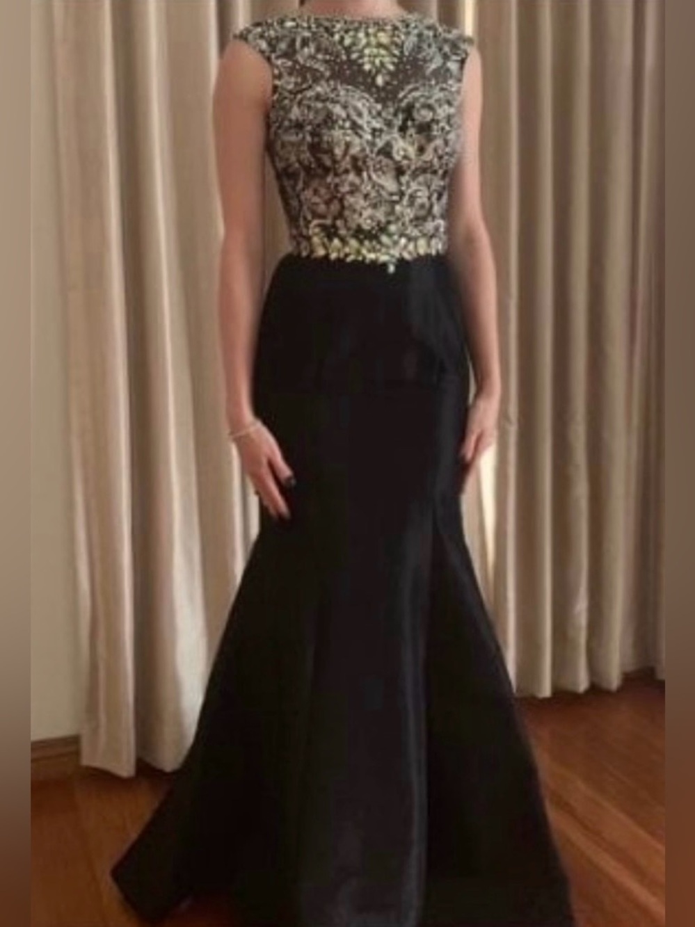 MacDuggal Black Beadded Lace Taffeta Illusion Gown Dress